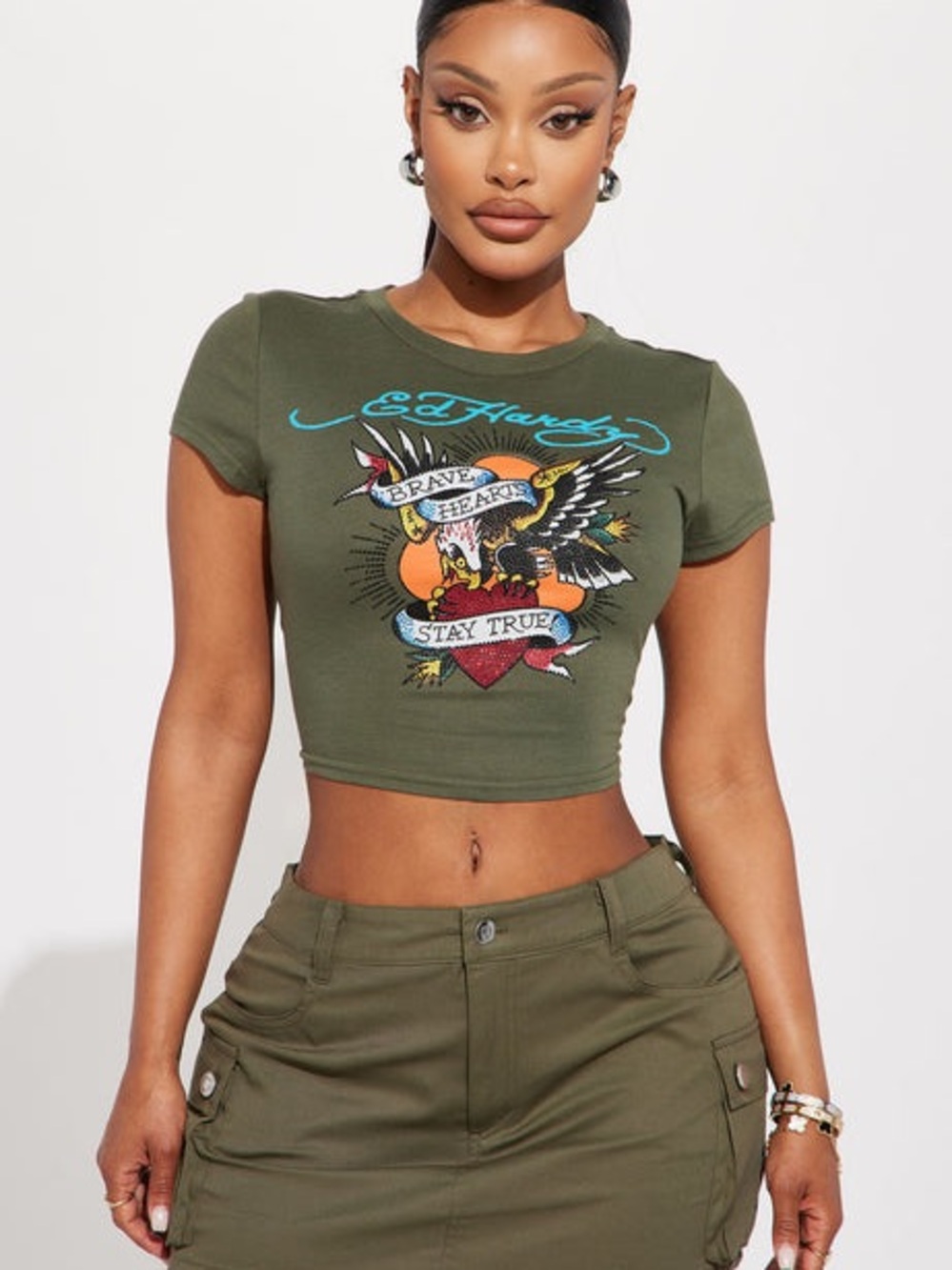 Ed Hardy Olive Green Brave Heart Graphic Crop Tee with Multicolor Print
